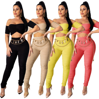 Fashionable sexy tube top exposed navel fold solid color two-piece suit A850201