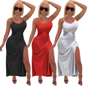 Sexy Suspenders Backless Split Drawstring Midi Dress HM5329