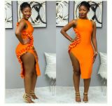 Stylish Bodycon Ruffle Sleeveless Orange Split Dress N9156
