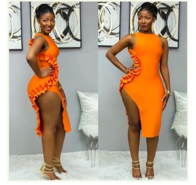 Stylish Bodycon Ruffle Sleeveless Orange Split Dress N9156