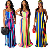 Leisure Multicolor Condole Belt Striped Dress With Kerchief TRS956