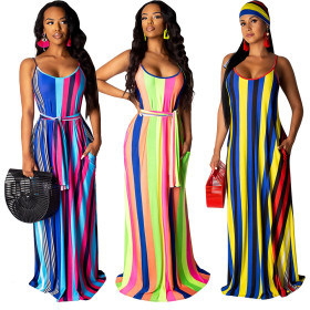Leisure Multicolor Condole Belt Striped Dress With Kerchief TRS956