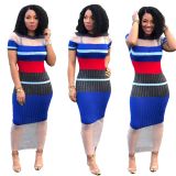 Colorful Ladies Mesh Patchwork Bodycon Ribbed Dress ORY5094