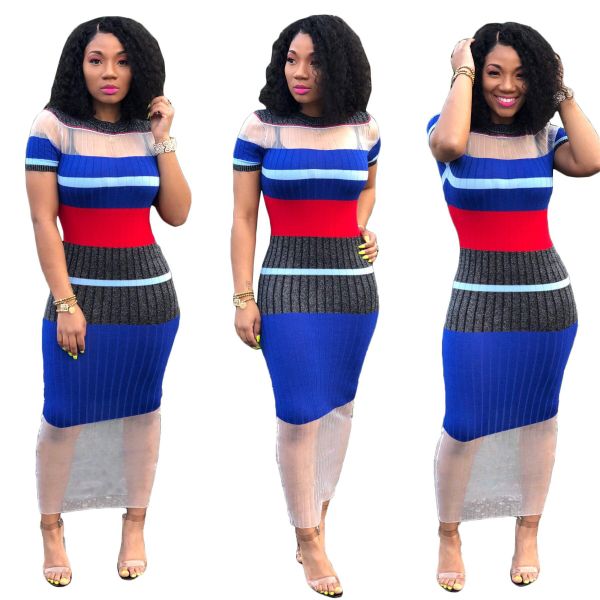 Colorful Ladies Mesh Patchwork Bodycon Ribbed Dress ORY5094