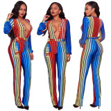 Women Colorful Stripe Straight Pants Deep V Collar Jumpsuit ALS7486