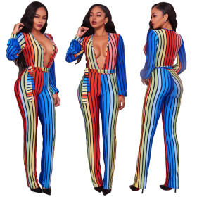 Women Colorful Stripe Straight Pants Deep V Collar Jumpsuit ALS7486