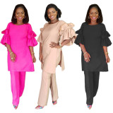 Fall&Winter Casual Sets Ruffled Sleeves Loose Blouse Solid Pants OEP6086