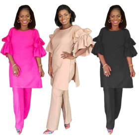 Fall&Winter Casual Sets Ruffled Sleeves Loose Blouse Solid Pants OEP6086