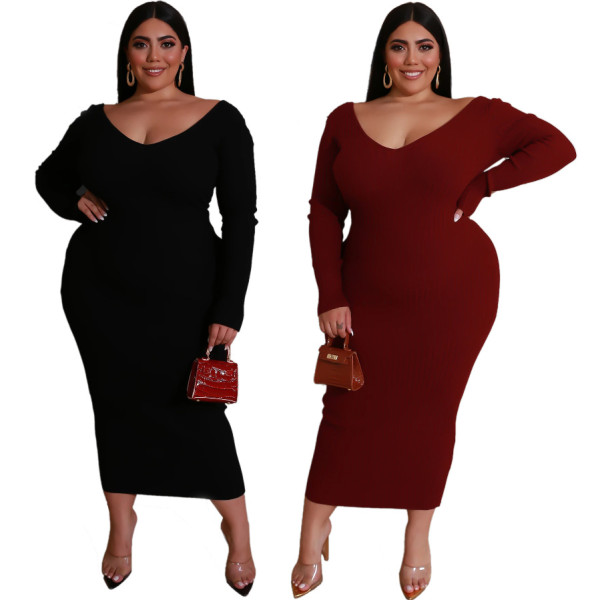 Plus Size Women's V-Neck Pit Striped Skirt Dress AJ4083