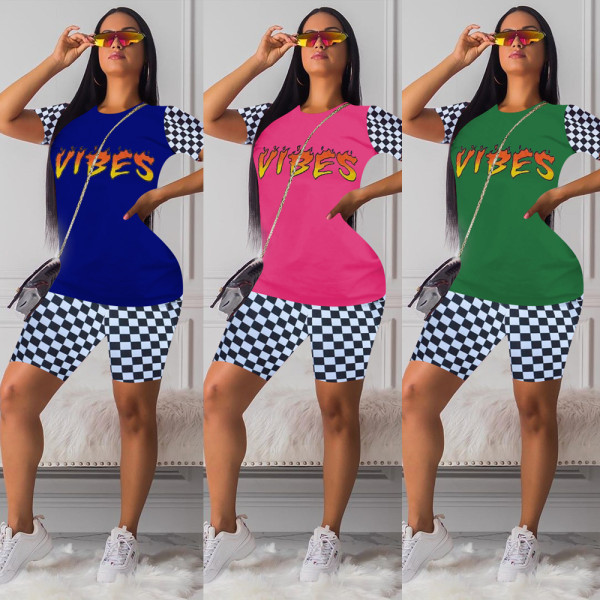 Trendy Plaid Suits Letters Print T-Shirt Sport Shorts KK8057