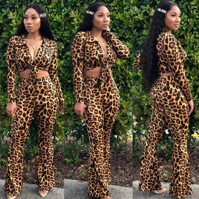 Leopard Printing Ladies Sets V Collar Tied Top Flares Pants HM5259