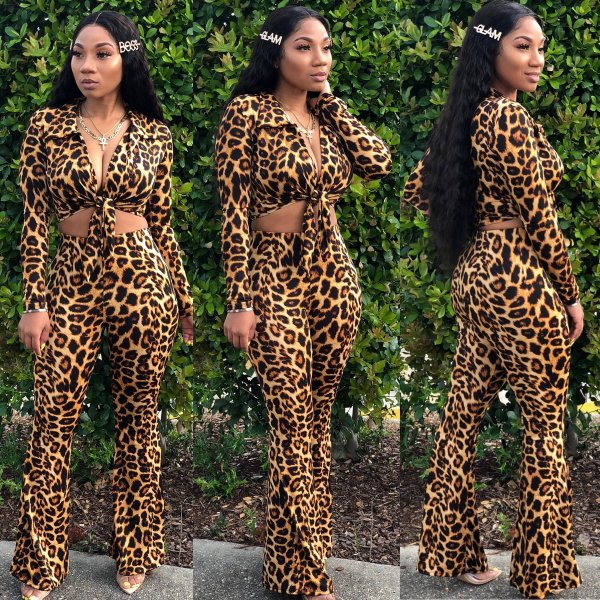 Leopard Printing Ladies Sets V Collar Tied Top Flares Pants HM5259