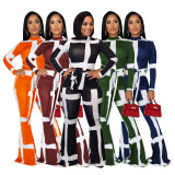 Fashion Contrast Color Stripe Printing Tied Flare Pants Set 2pcs FH064