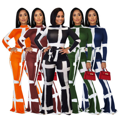 Fashion Contrast Color Stripe Printing Tied Flare Pants Set 2pcs FH064