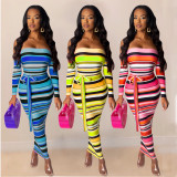 Stripe Flat Shoulder Belted Knee Length Wrap Dress AMM8137