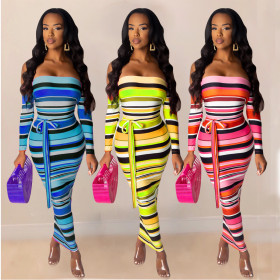 Stripe Flat Shoulder Belted Knee Length Wrap Dress AMM8137