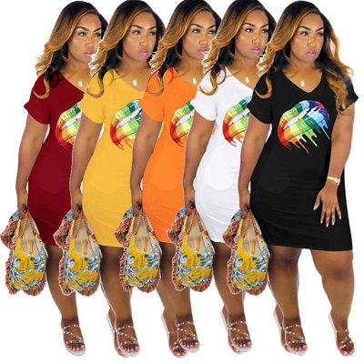 Wholesale Lip Printed Comfy Short Sleeved T-Shirt Dress MTY6195