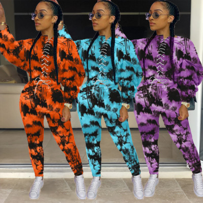 Fashion Tie Dye Printed Strappy Long Sleeves Sweater Wuth Trousers Two Piece Set XM1157