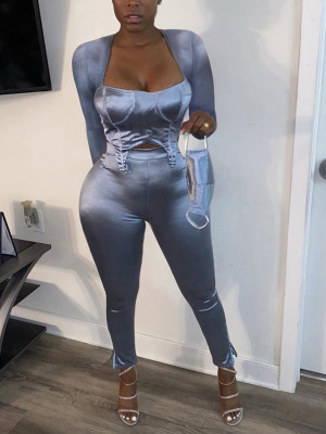 Sexy Solid Color Square Collar Long Sleeves Mini Top With Split Pants Plus Size Two Piece Sets CYS39