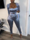 Sexy Solid Color Square Collar Long Sleeves Mini Top With Split Pants Plus Size Two Piece Sets CYS39