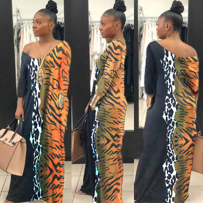New Design V Neck Leopard Printing Patchwork Maxi Dress LA3125