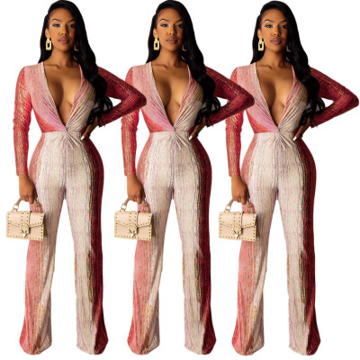Casual Deep V Collar Gradient Color Long Sleeves Jumpsuit AMM8169