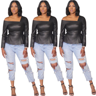 Female New Design Oblique Shoulder Slim Fitting Black Top SMD7024