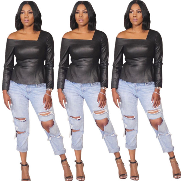 Female New Design Oblique Shoulder Slim Fitting Black Top SMD7024