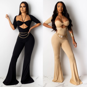 Bandage Bra Top Half Sleeved Flare Pants Bodycon Solid Outfits CY1183