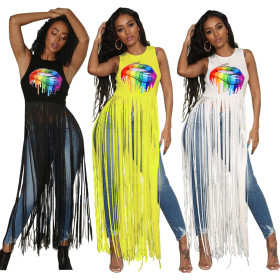 Unique Lip Printing Long Tassel Patchwork Tank Top YT3165