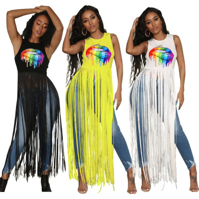 Unique Lip Printing Long Tassel Patchwork Tank Top YT3165