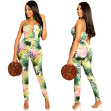 Leisure Floral Print Spaghetti Strap Tight Jumpsuit LS6243