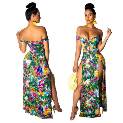 Sexy Female Printing High Split Strapless Long Dress SMR9259