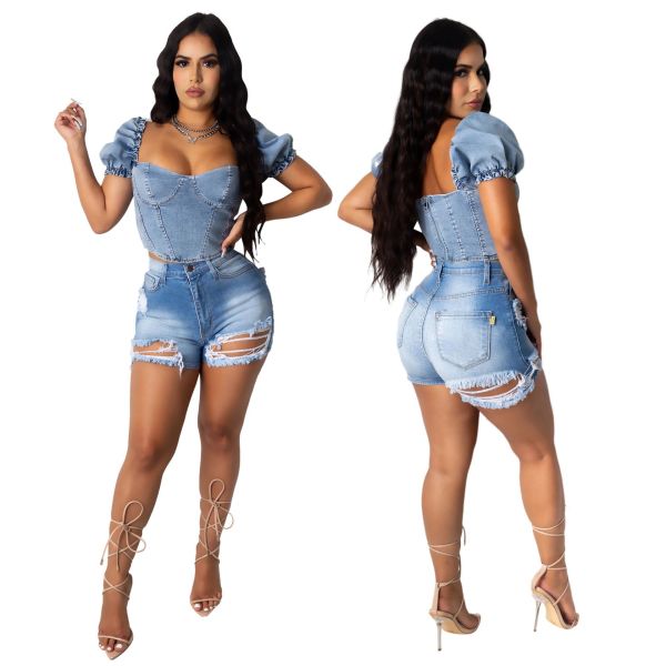 Fashion hot sale slim fit all-match elastic ripped denim shorts HSF2300