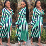 Wholesale Stripe Fit And Flare V Collar Long Dress For Lady AMM8047