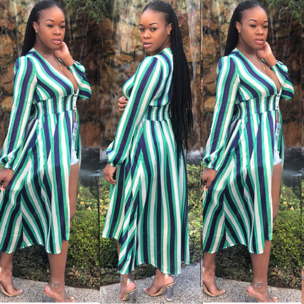 Wholesale Stripe Fit And Flare V Collar Long Dress For Lady AMM8047