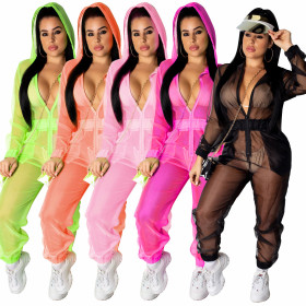 Pure Color Perspective Organza Long Sleeves Hooded Jumpsuit WY6591