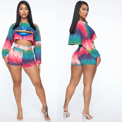 Women\'s Sexy Print Lip Tie-Dye Casual Shorts Two Piece Set CL6048