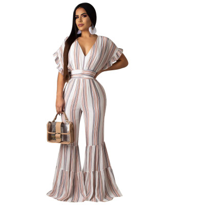 Ladies Stripe V Collar Flared Jumpsuit For Daliy Wear R6182