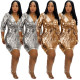 Shiny Bodycon 3/4 Sleeves Solid Color V Collar Bandage Dress GL6301