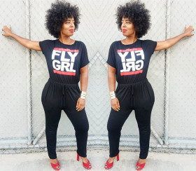 Online Sale Letters Printing Mid Waist Bodycon Jumpsuit D8193