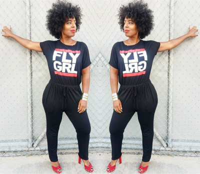 Online Sale Letters Printing Mid Waist Bodycon Jumpsuit D8193