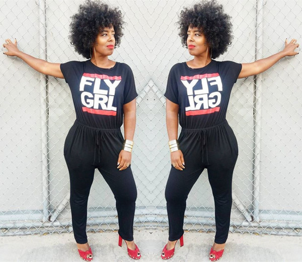 Online Sale Letters Printing Mid Waist Bodycon Jumpsuit D8193