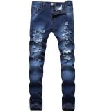 Mens more holes denim jeans wear stretch dark Slim denim pants TX6012