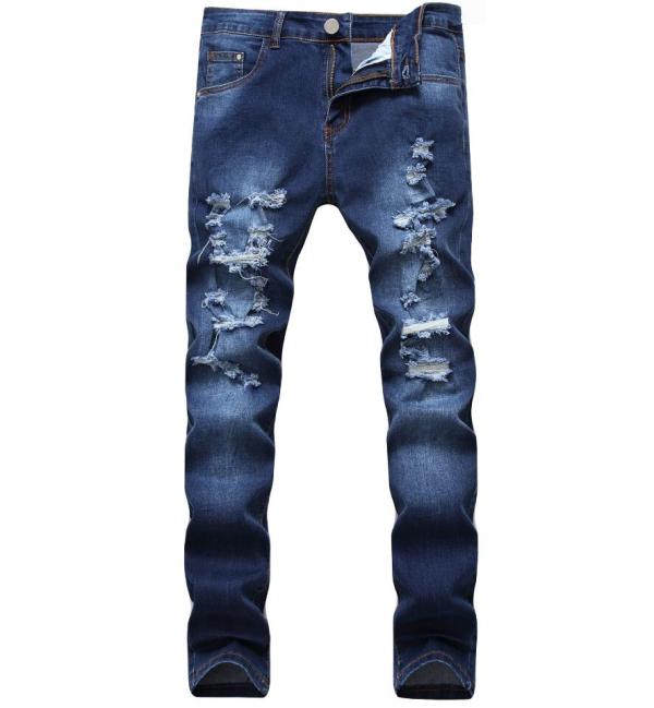 Mens more holes denim jeans wear stretch dark Slim denim pants TX6012