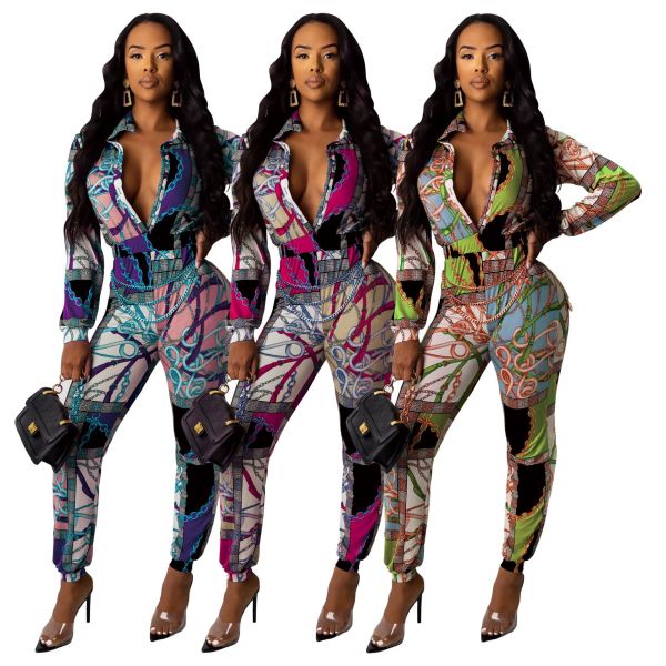 Euramerican Polyester Digital Printing V Collar Jumpsuit SMR9377