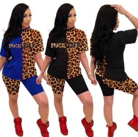 Sexy women\'s two-piece leopard stitching letter set MN8103