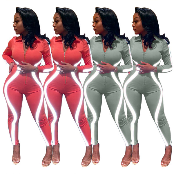 Unique Fluorescent Stripe Patchwork Tight Jumpsuits Q250