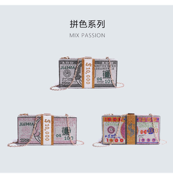 The new diamond-studded dinner bag, dollar clutch, diamond messenger bag, small square bag female FY