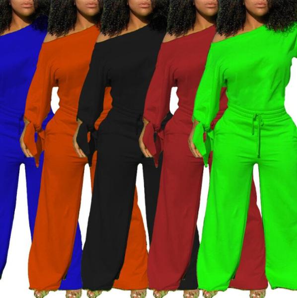 Fashaion Solid Color Slash Neck Long Sleeves Wide Leg Pants Jumpsuit R6335